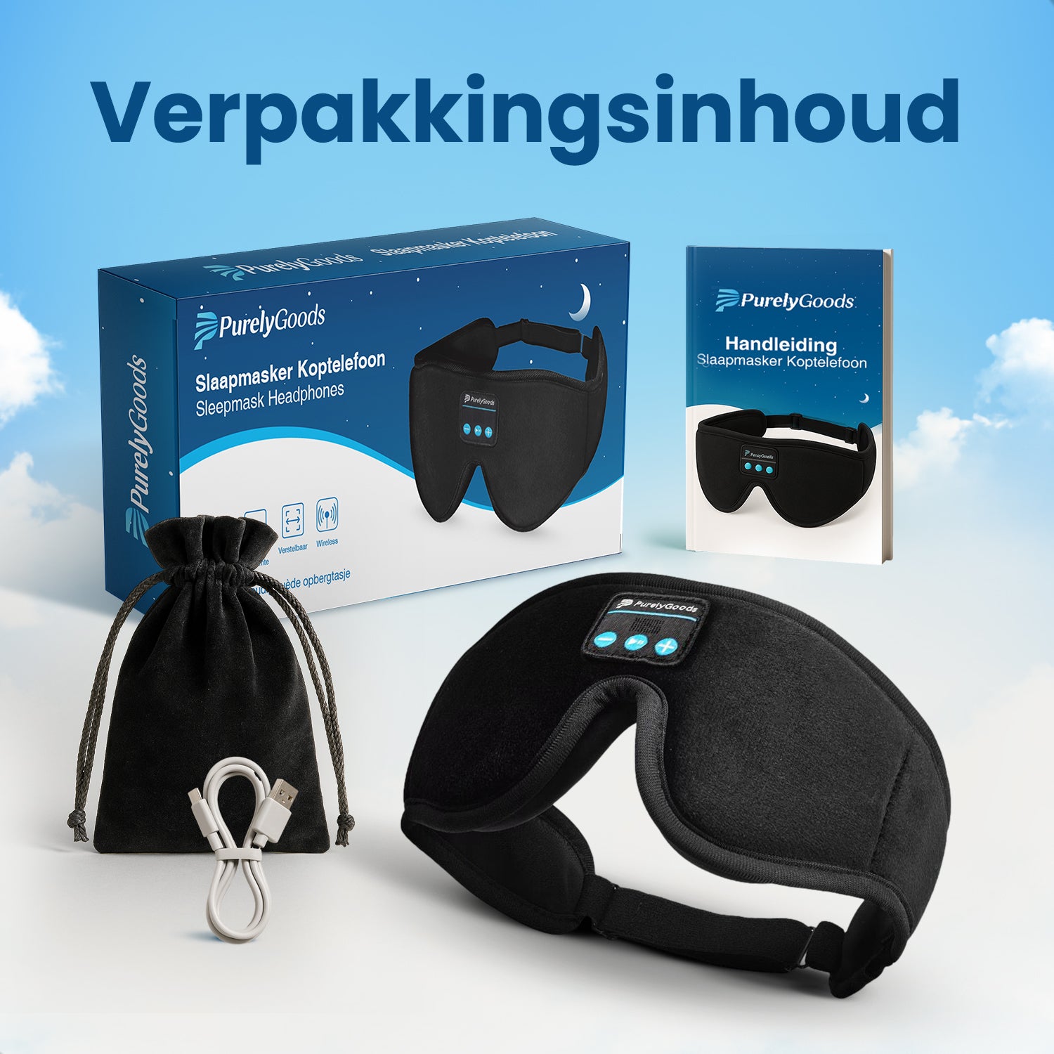 Verpakkingsinhoud van slaapmasker koptelefoon PurelyGoods