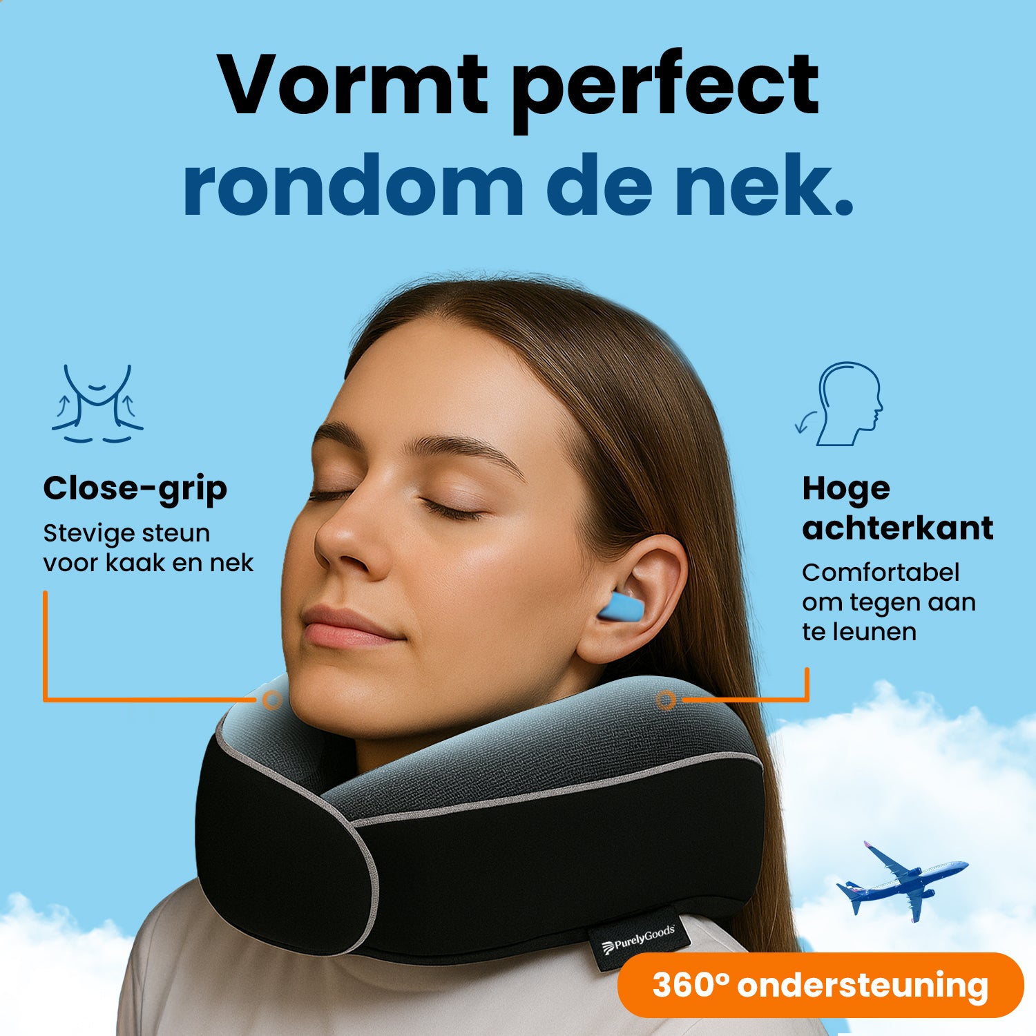 Vrouw draag het PurelyGoods nekkussen voor ondersteuning rondom nek