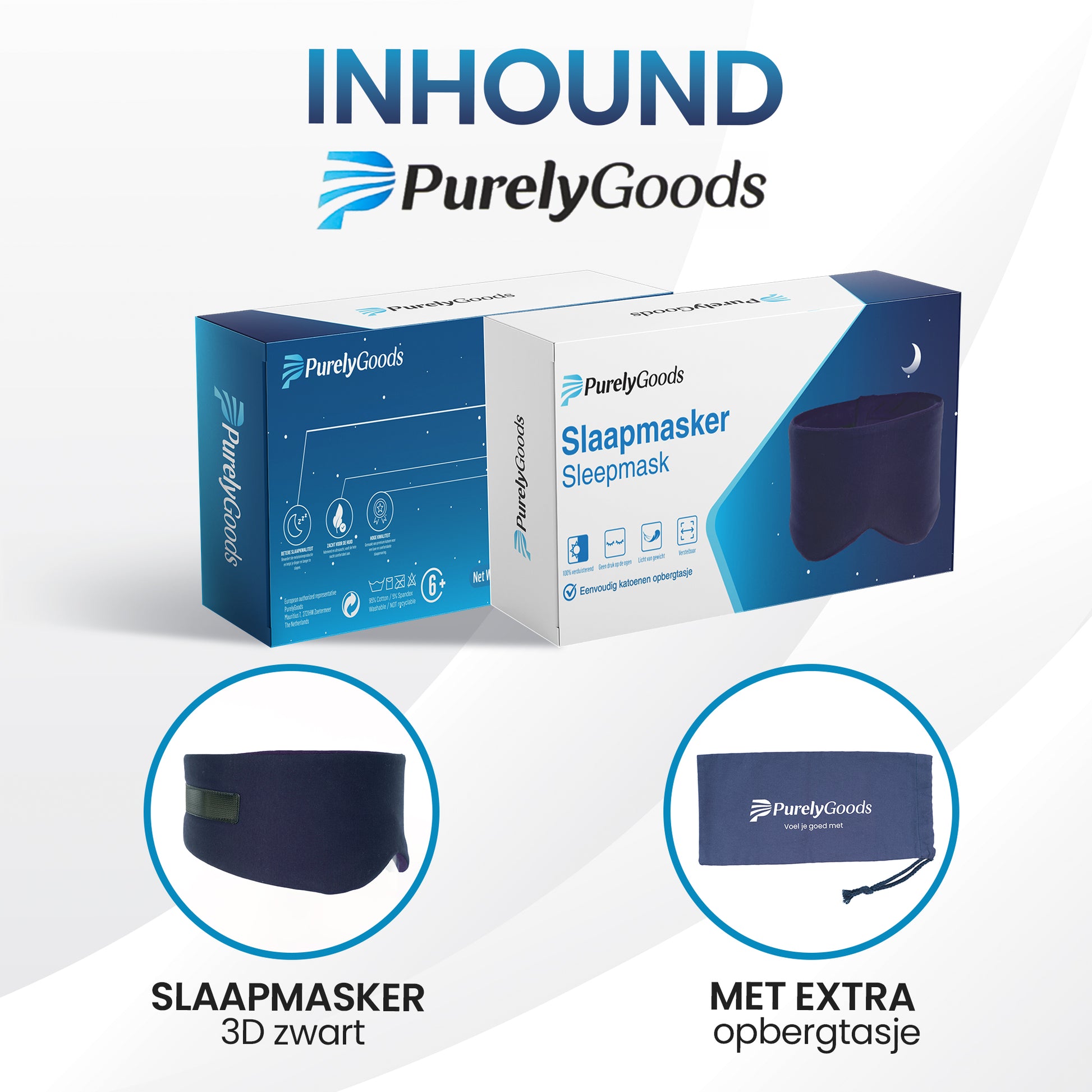 PurelyGoods slaapmasker katoen donkerblauw verpakkingsinhoud