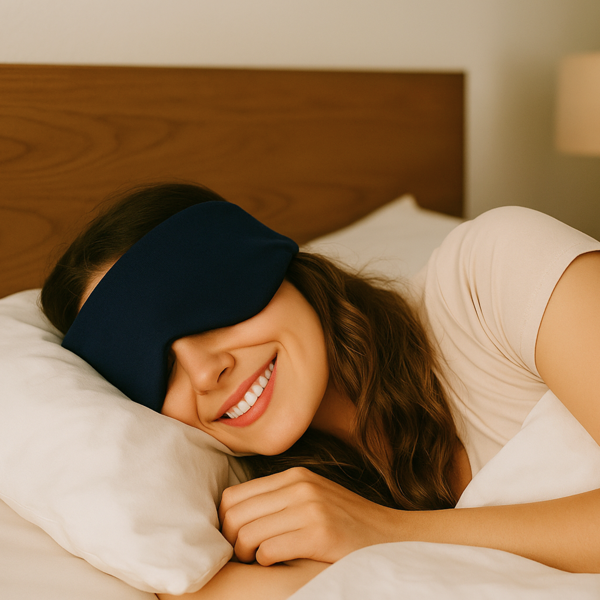 Vrouw ligt op bed donkerblauw slaapmasker van PurelyGoods