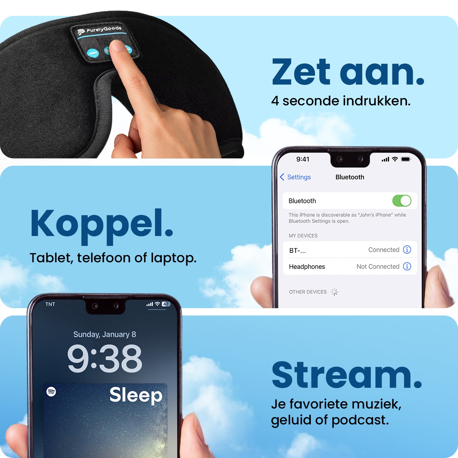 Stappenplan voor PurelyGoods slaapmasker koptelefoon gebruik