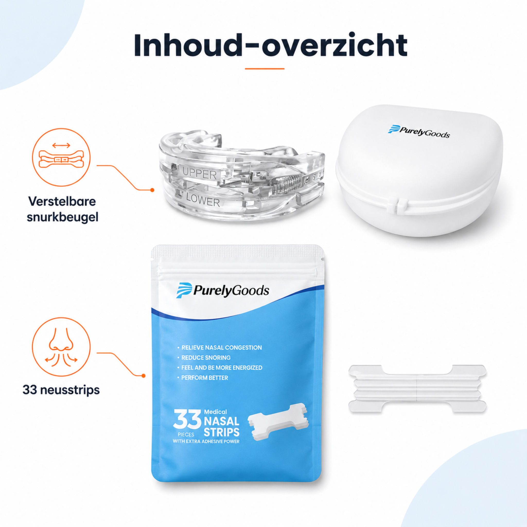 Inhoud van PurelyGoods anti-snurkset met verstelbare snurkbeugel en 33 neusstrips