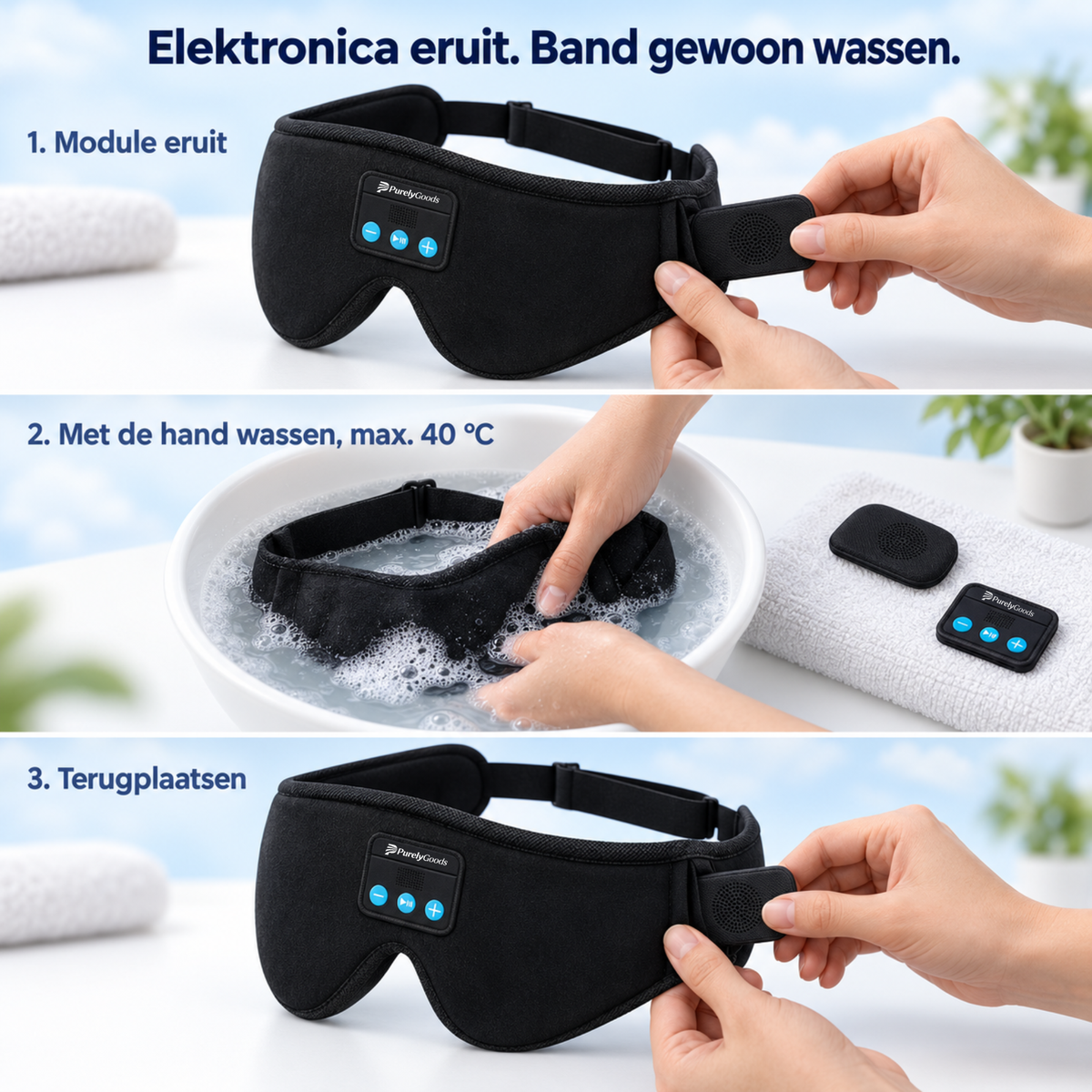 PurelyGoods Bluetooth slaapmasker wassen na verwijderen van de elektronische module