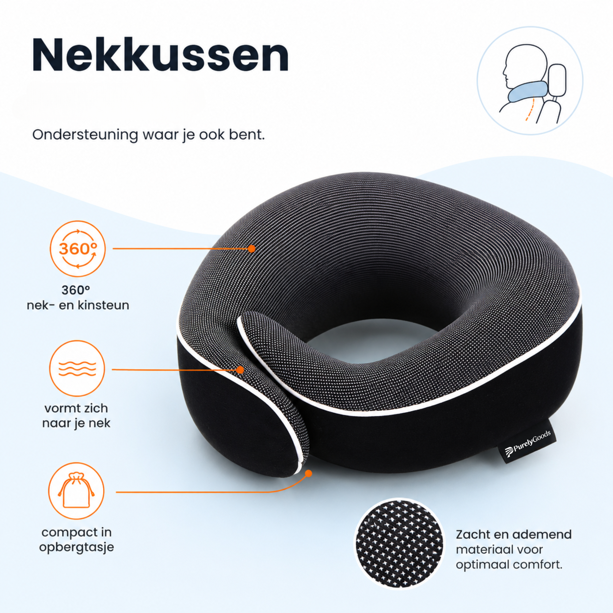 PurelyGoods memoryfoam nekkussen met 360 graden nek- en kinondersteuning