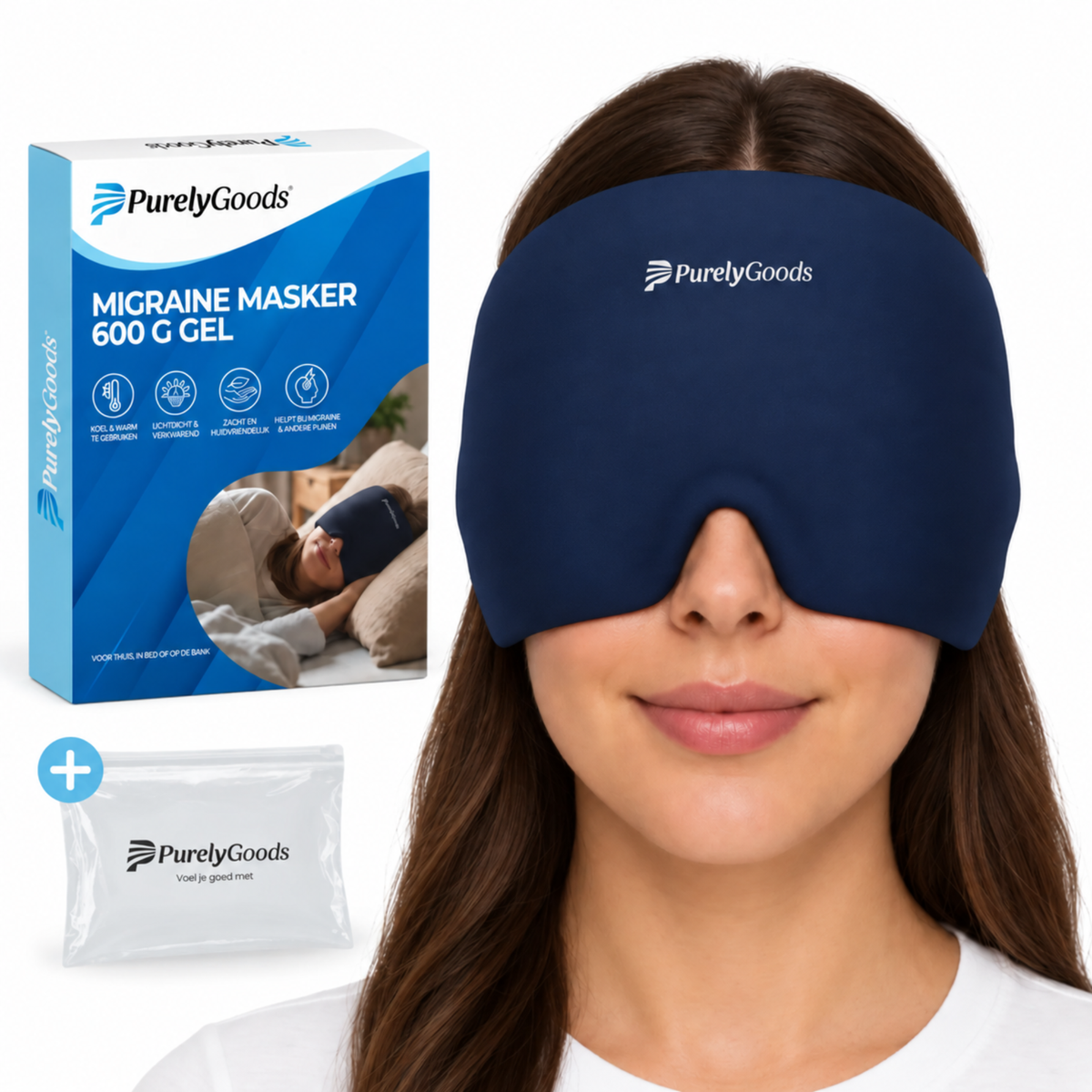 Vrouw draagt donkerblauw PurelyGoods migraine masker met 600 g gel, met verpakking en extra gelpack