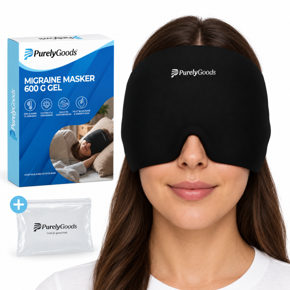 Vrouw draagt zwart PurelyGoods migraine masker met 600 g gel, met verpakking en extra gelpack