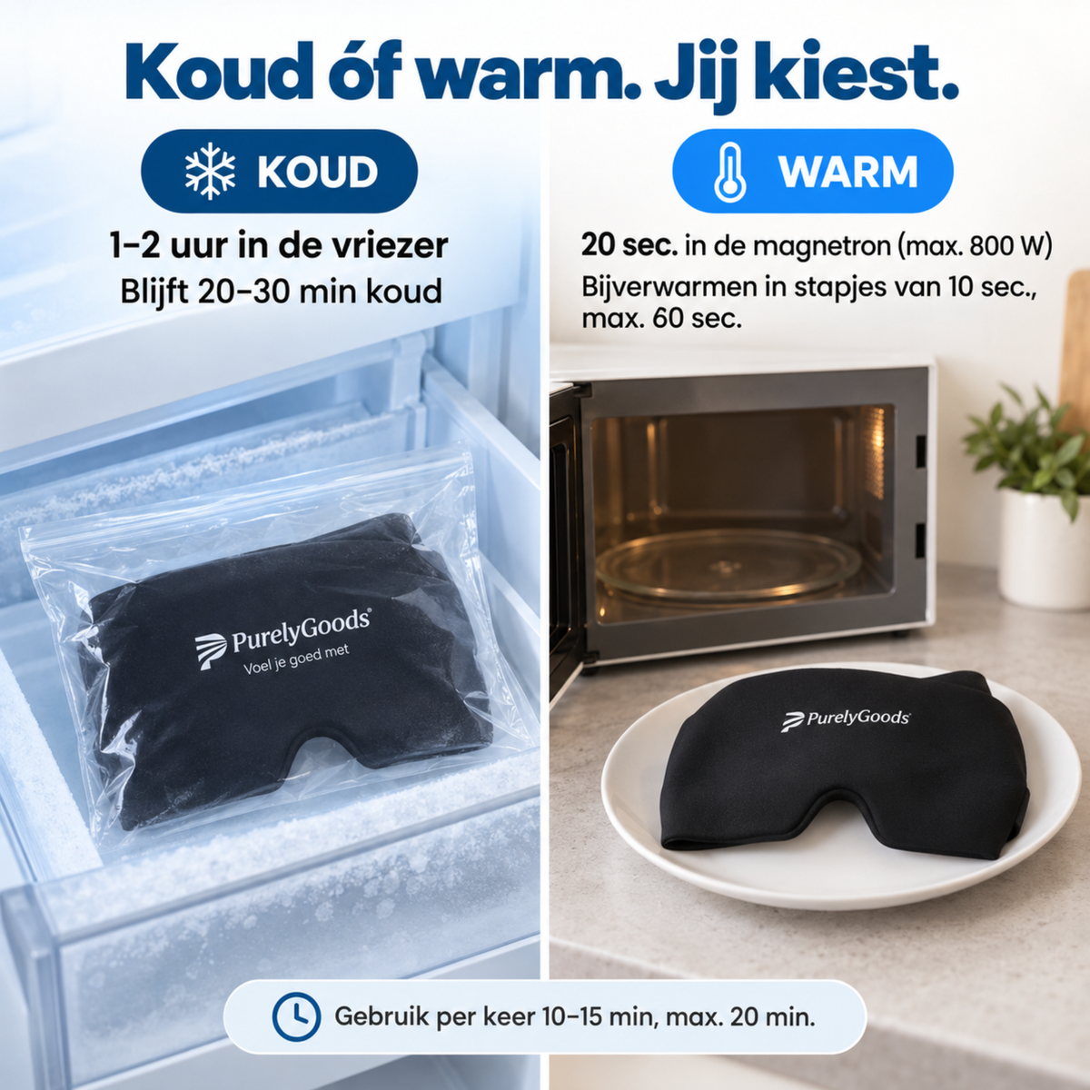Zwart PurelyGoods migraine masker koud uit de vriezer of warm uit de magnetron, met gebruiksduur