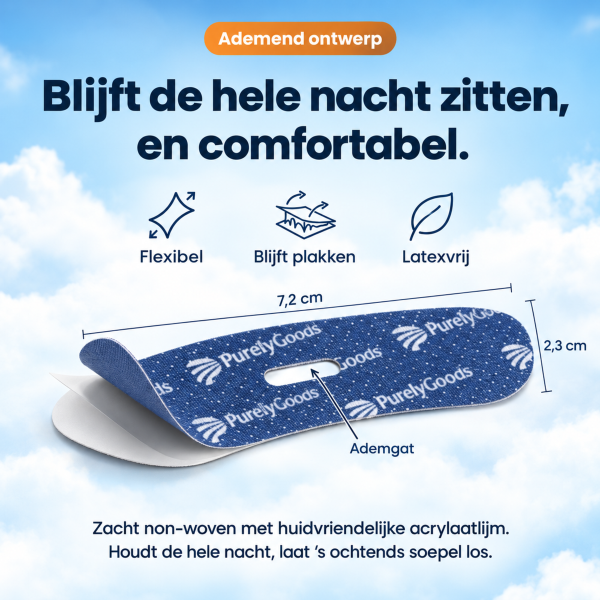 PurelyGoods mondtape van 7,2 x 2,3 cm met ademgat, flexibel en latexvrij non-woven materiaal