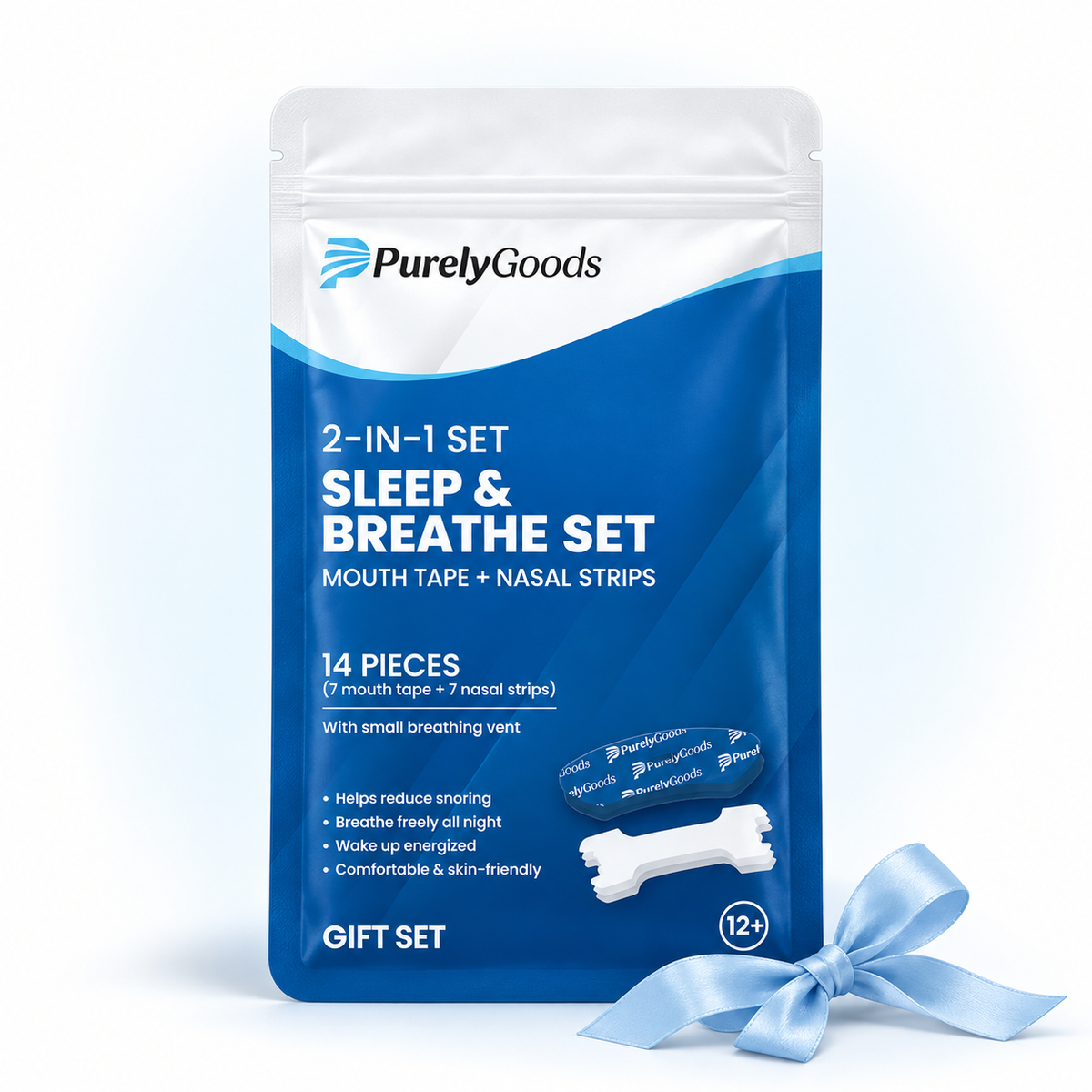 PurelyGoods 2-in-1 Sleep & Breathe giftset met 7 mondtapes en 7 neusstrips, 14 stuks in cadeauverpakking met strik