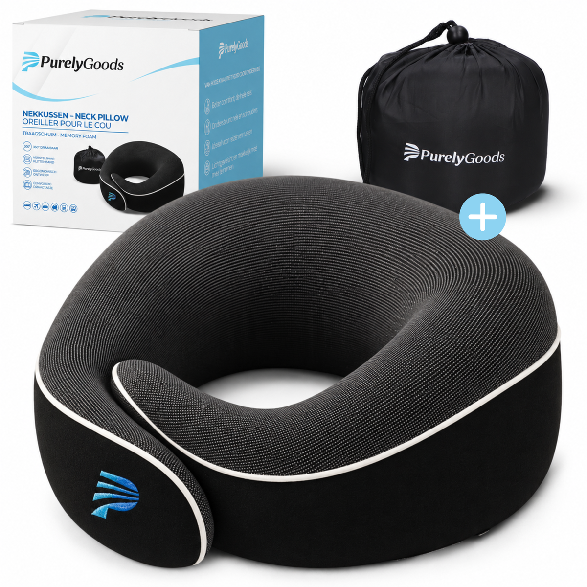 Zwart PurelyGoods memory foam nekkussen met opbergtasje en verpakking.