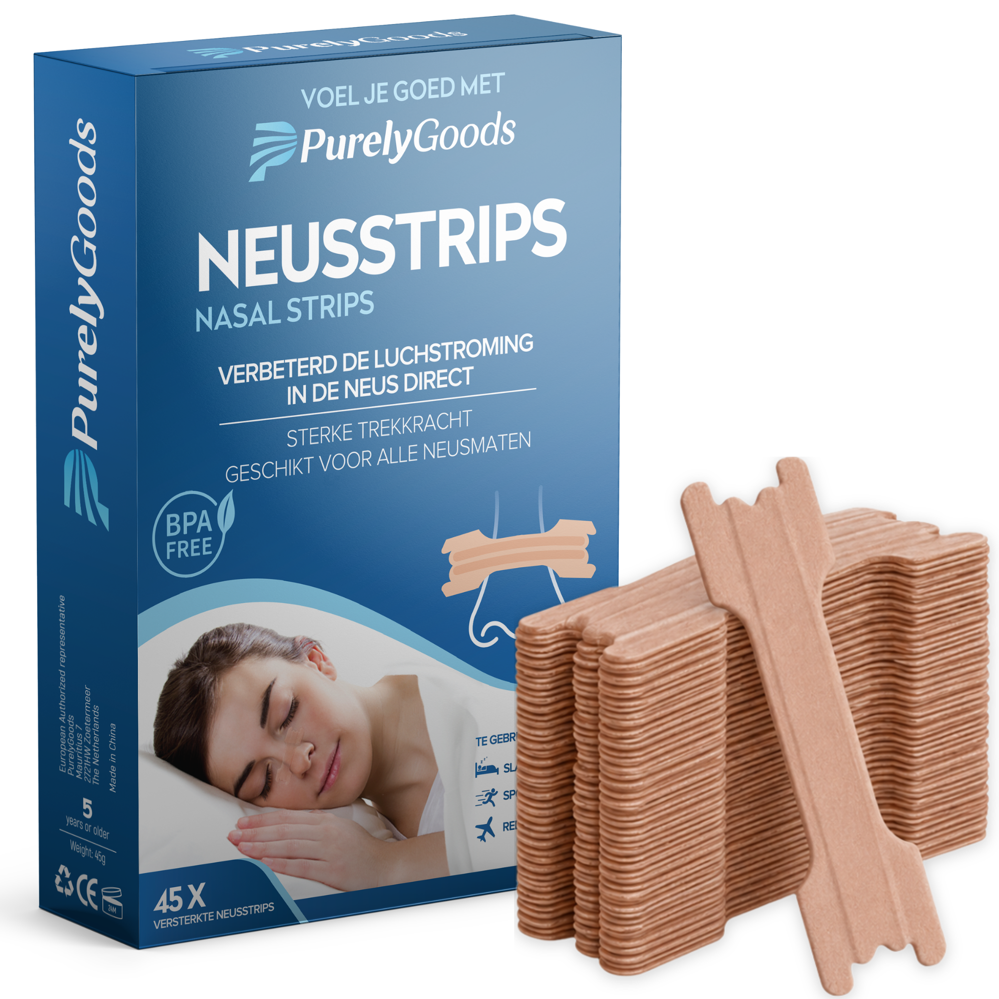 PurelyGoods verpakking met 45 beige neusstrips, met gestapelde en losse neusstrips weergegeven op een witte achtergrond.