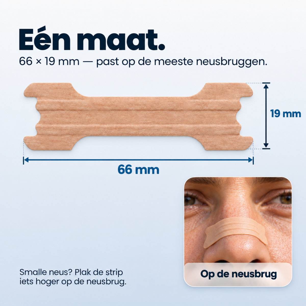 Beige neusstrip van 66 × 19 mm met maatlijnen en een voorbeeld van plaatsing op de neusbrug.