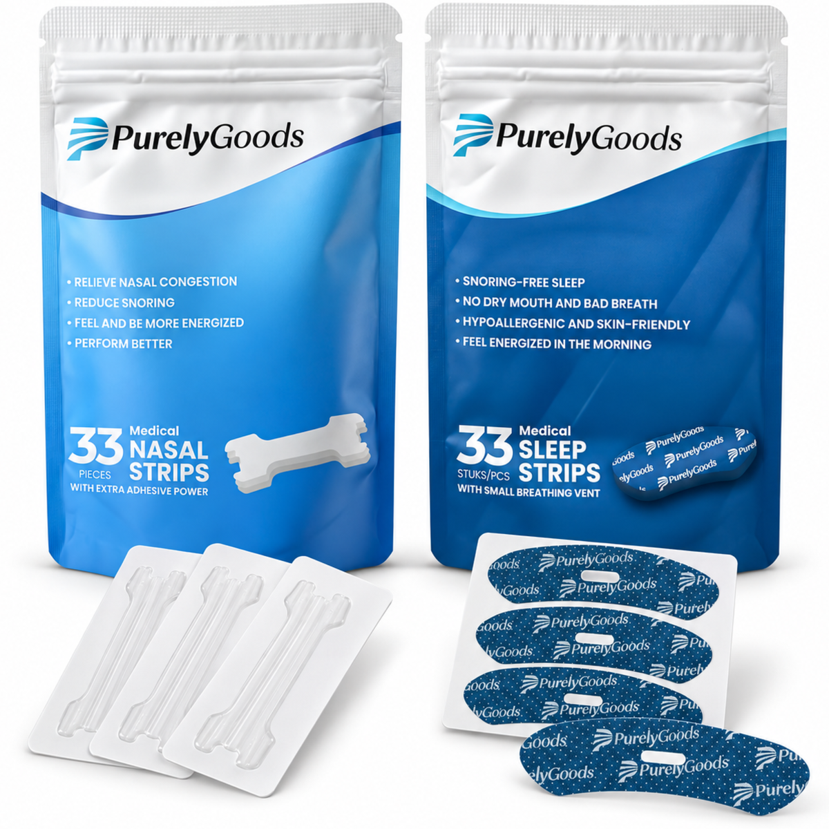 Twee verpakkingen PurelyGoods: 33 neusstrips en 33 mondtapes, met losse strips ervoor