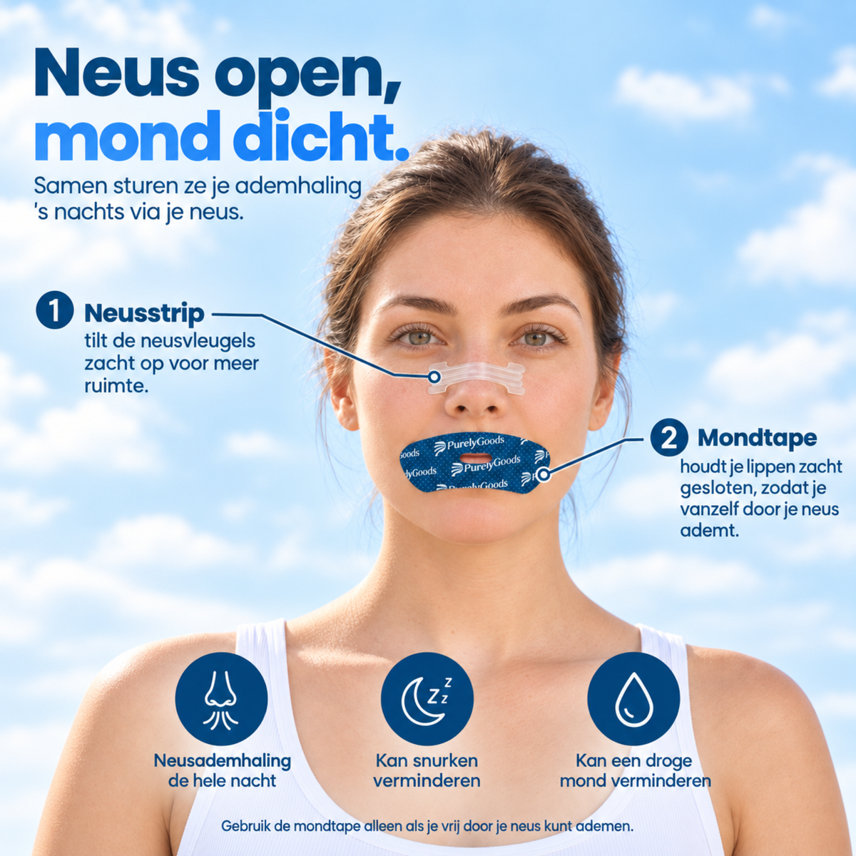 Vrouw met neusstrip en mondtape, met uitleg hoe beide de neusademhaling ondersteunen