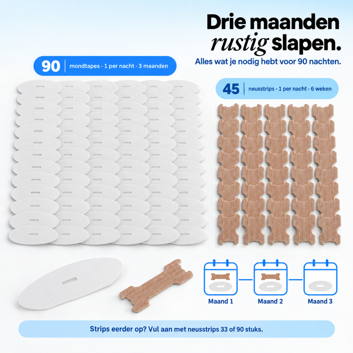 Inhoud van de XL-set: 90 mondtapes en 45 neusstrips, goed voor drie maanden