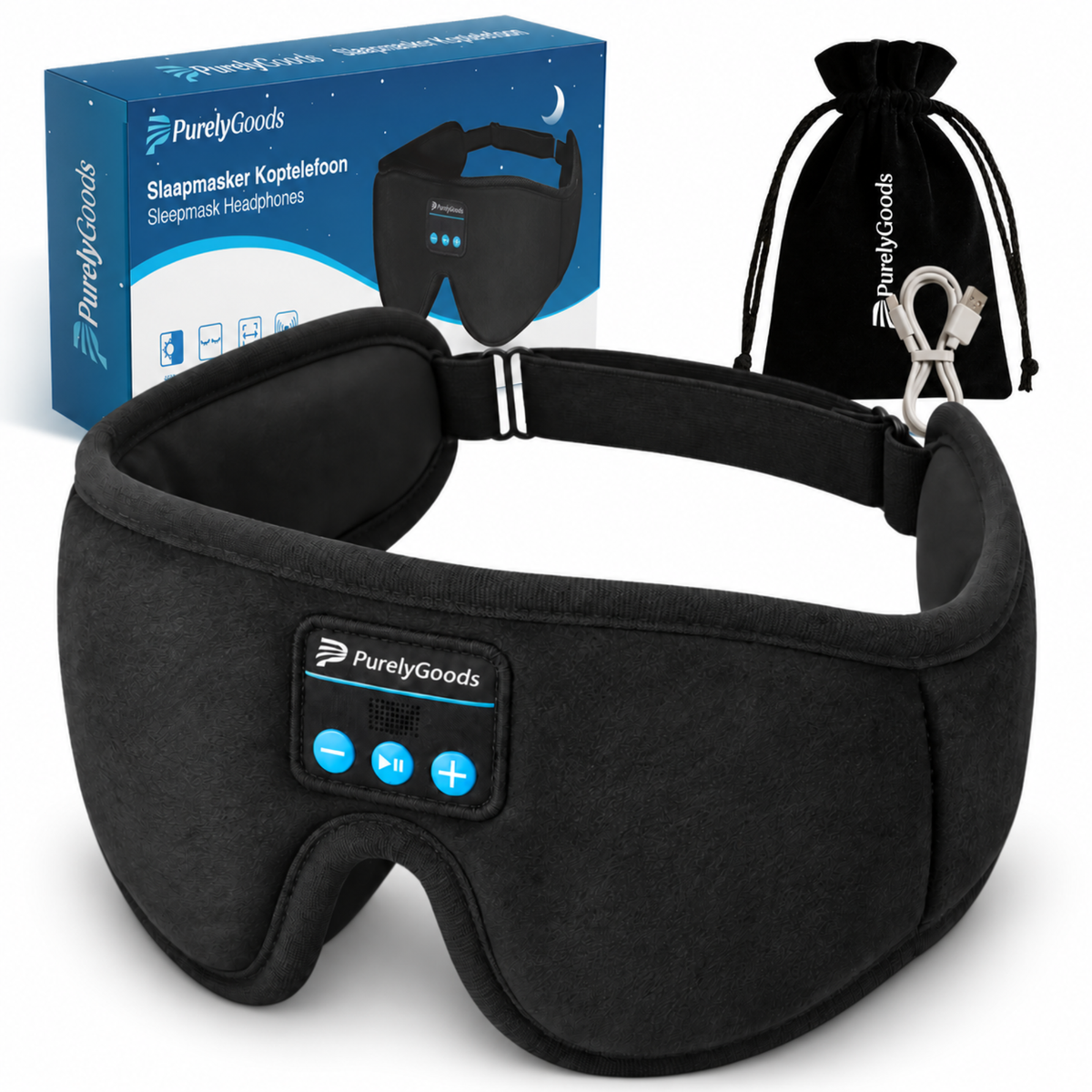 Zwart PurelyGoods slaapmasker met koptelefoon, verpakking, opbergzakje en oplaadkabel.