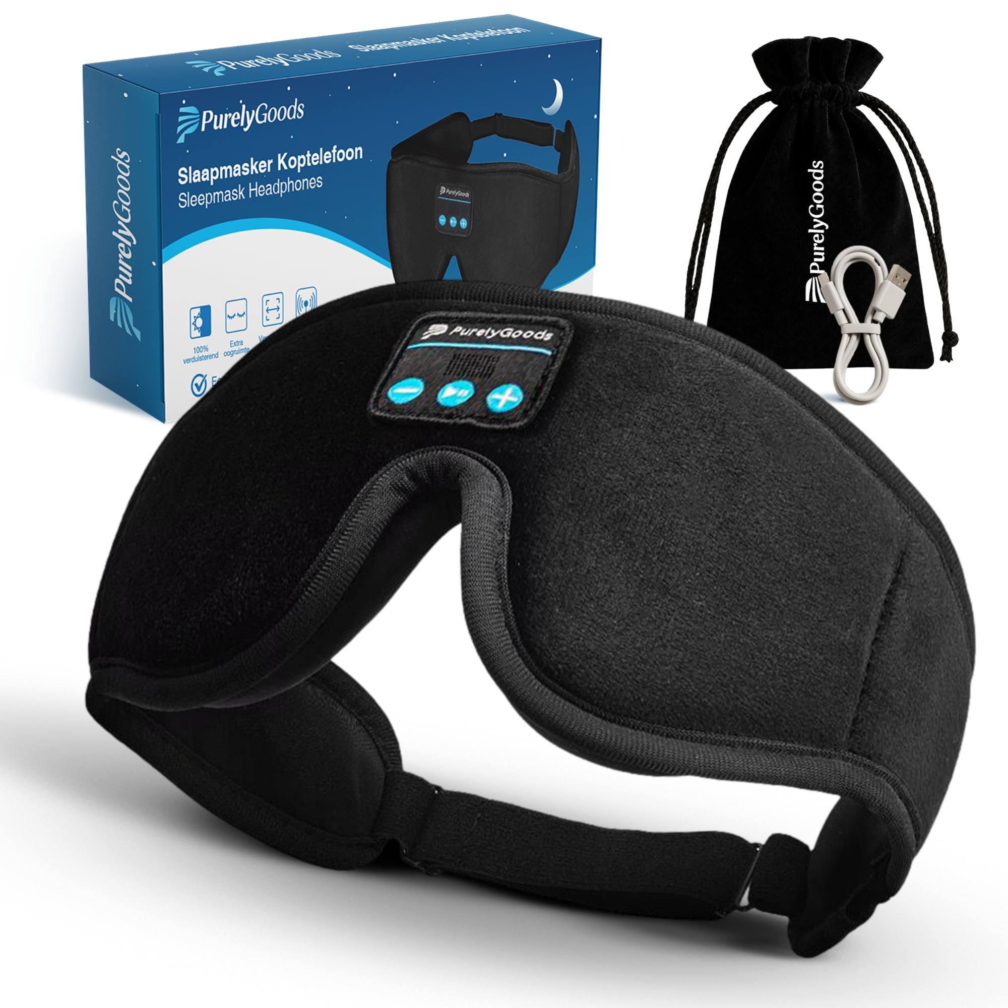 PurelyGoods slaapmasker met bluetooth, verpakking, opbergzakje en USB-oplaadkabel