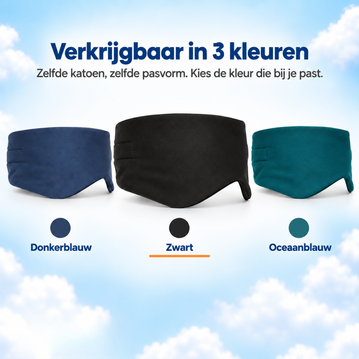 PurelyGoods slaapmasker in drie kleuren — donkerblauw, zwart en oceaanblauw — met de zwarte variant geselecteerd.