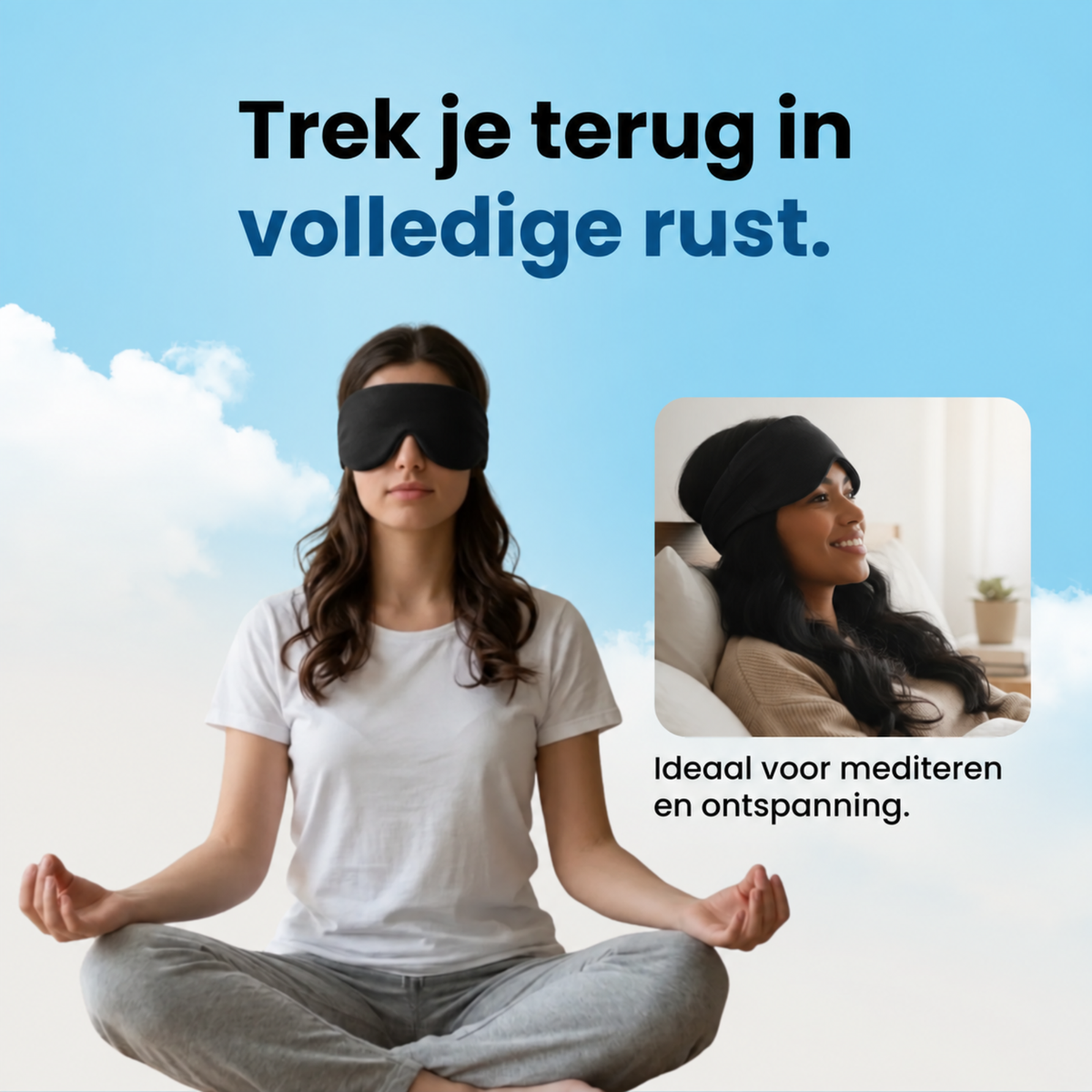 Vrouw mediteert met zwart PurelyGoods slaapmasker — ook ideaal voor meditatie en ontspanning, niet alleen om te slapen.