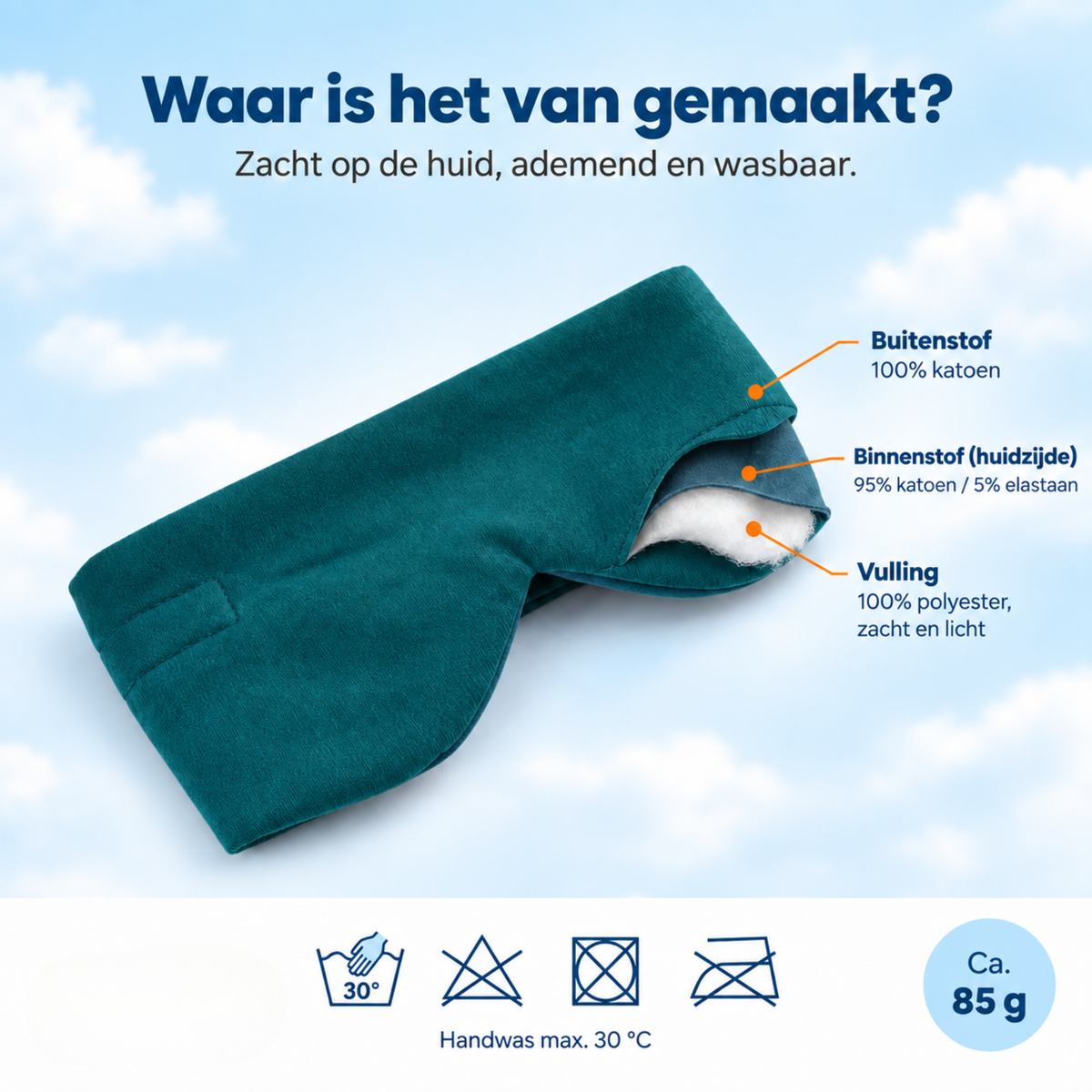 Opbouw oceaanblauw PurelyGoods slaapmasker: plat, zacht en zonder druk op de ogen, ook voor zijslapers, met verstelbare klittenband tot 68 cm.