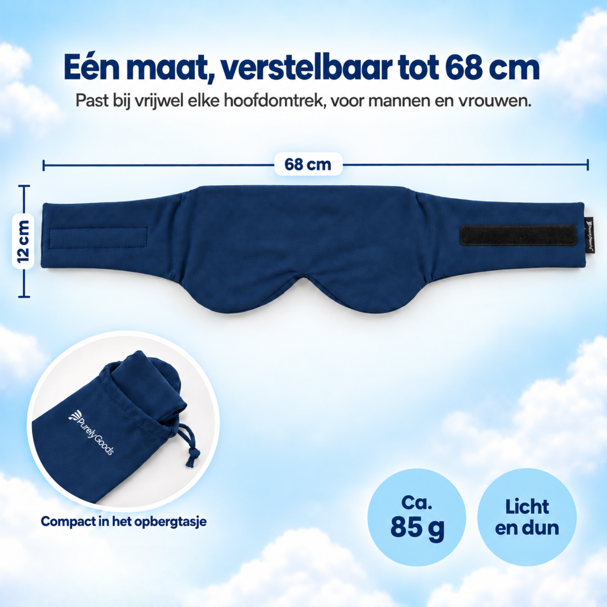 Donkerblauw PurelyGoods slaapmasker, één maat verstelbaar tot 68 cm hoofdomtrek, circa 85 gram, inclusief opbergtasje.