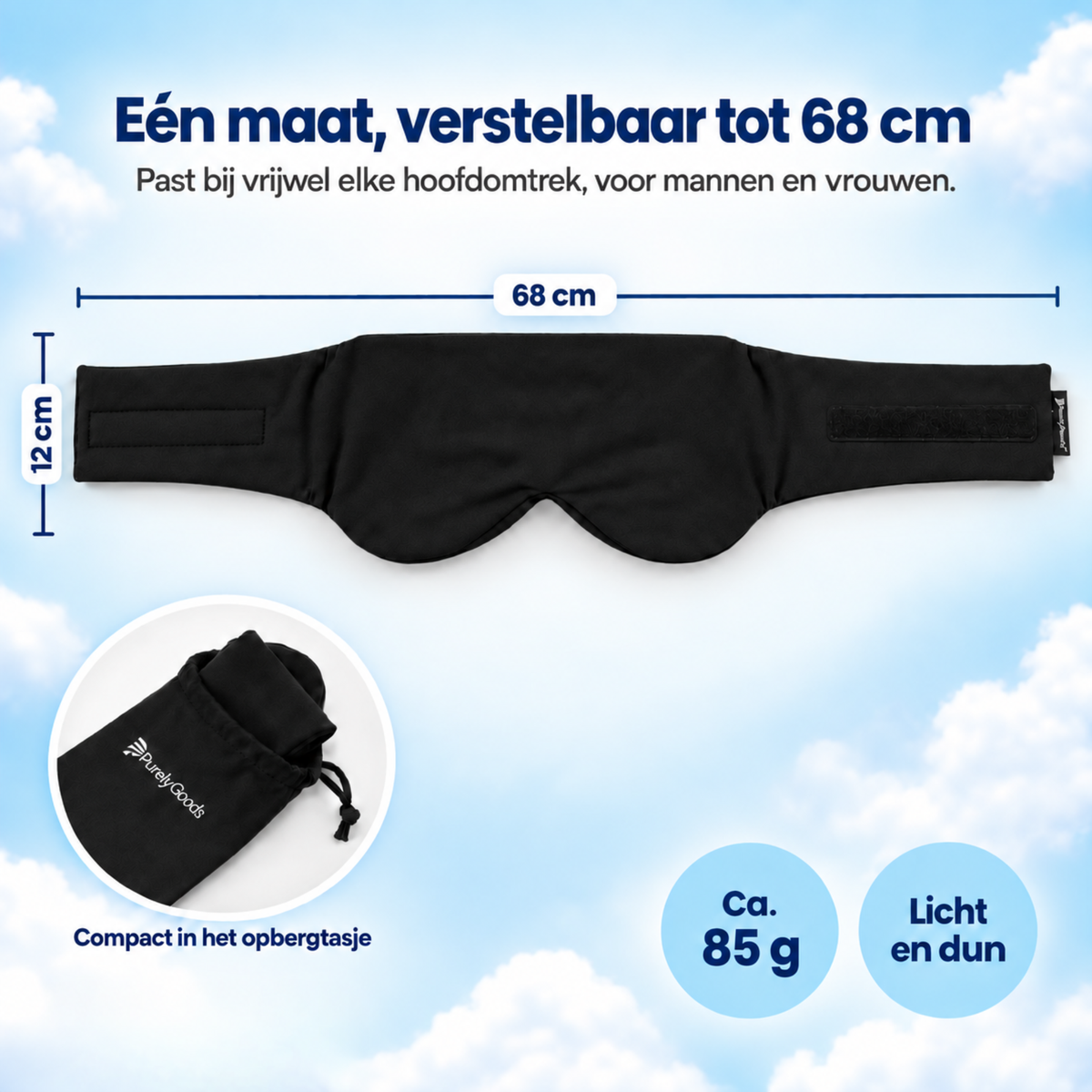 Zwart PurelyGoods slaapmasker, verstelbaar tot 68 cm en circa 85 gram, licht en dun, met bijpassend opbergtasje.