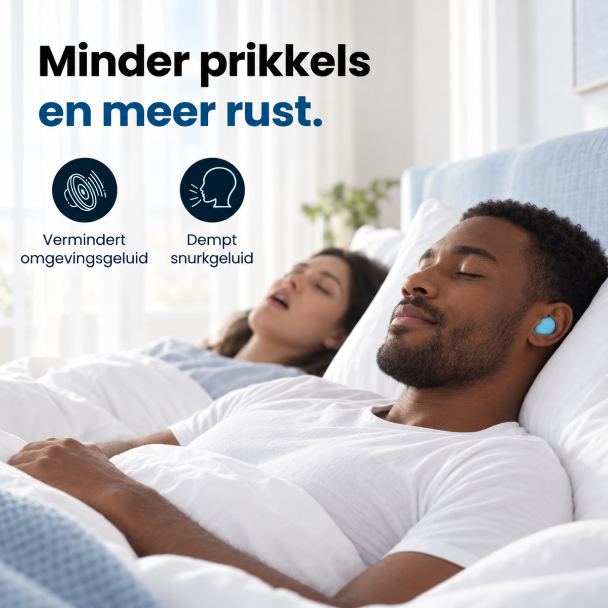 Man slaapt met PurelyGoods slaapoordoppen, minder omgevingsgeluid en gedempt snurkgeluid