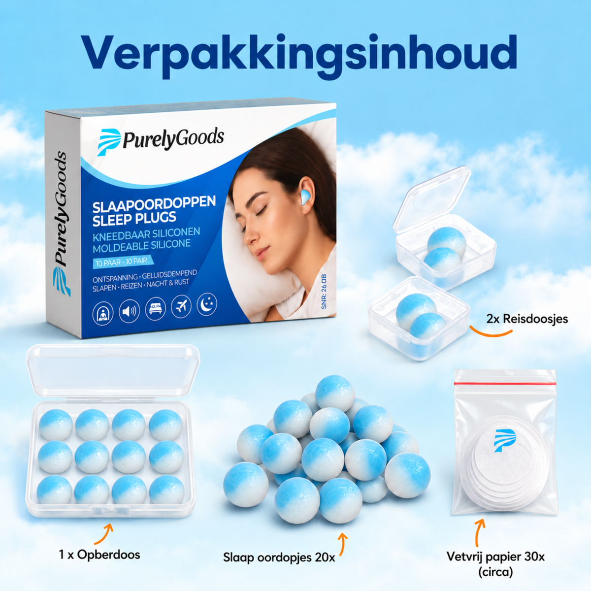 Verpakkingsinhoud PurelyGoods slaapoordoppen: opbergdoos, 2 reisdoosjes, 20 oordoppen en vetvrij papier