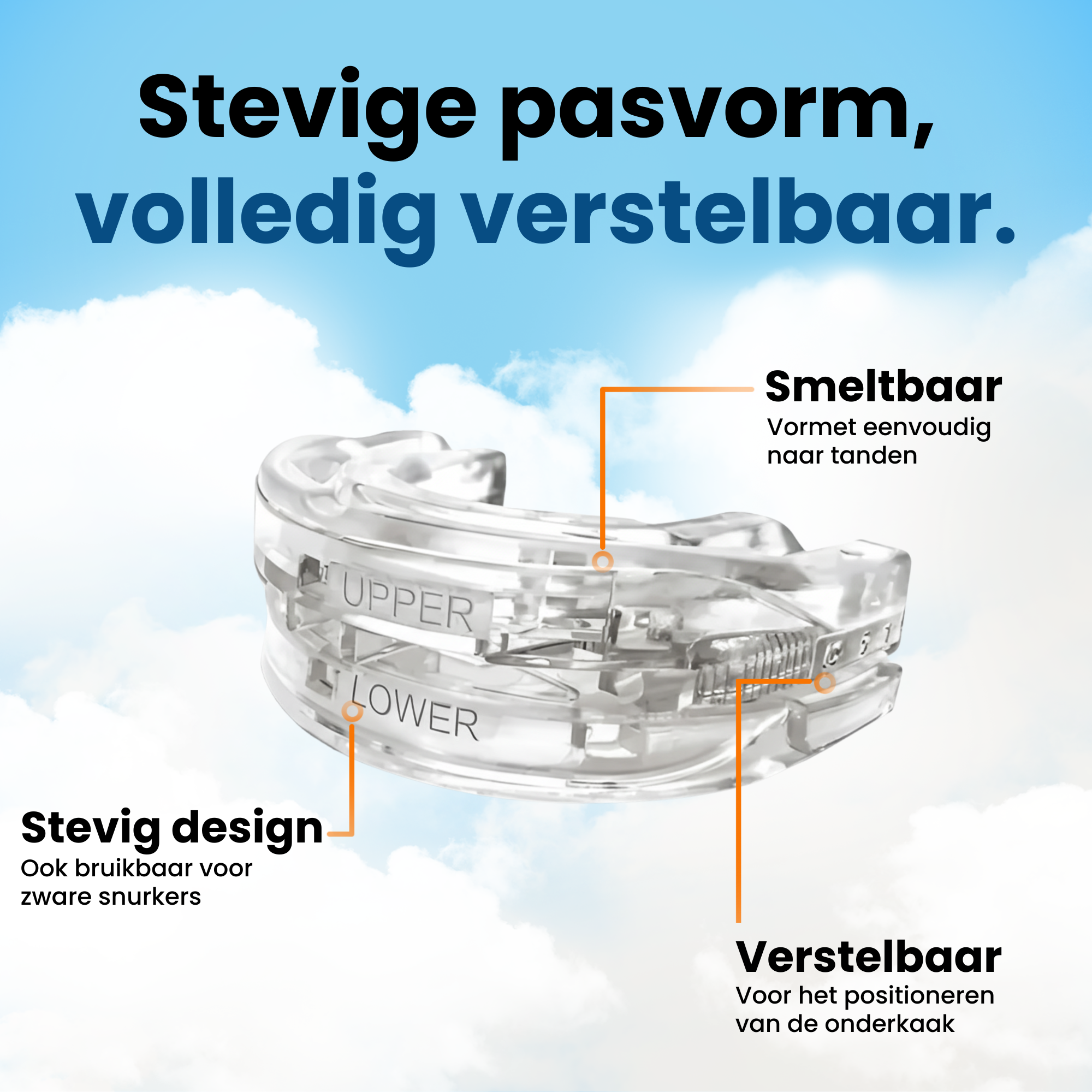 Transparante PurelyGoods Snurkbeugel Max met smeltbare pasvorm, stevig design en verstelbare positie van de onderkaak.