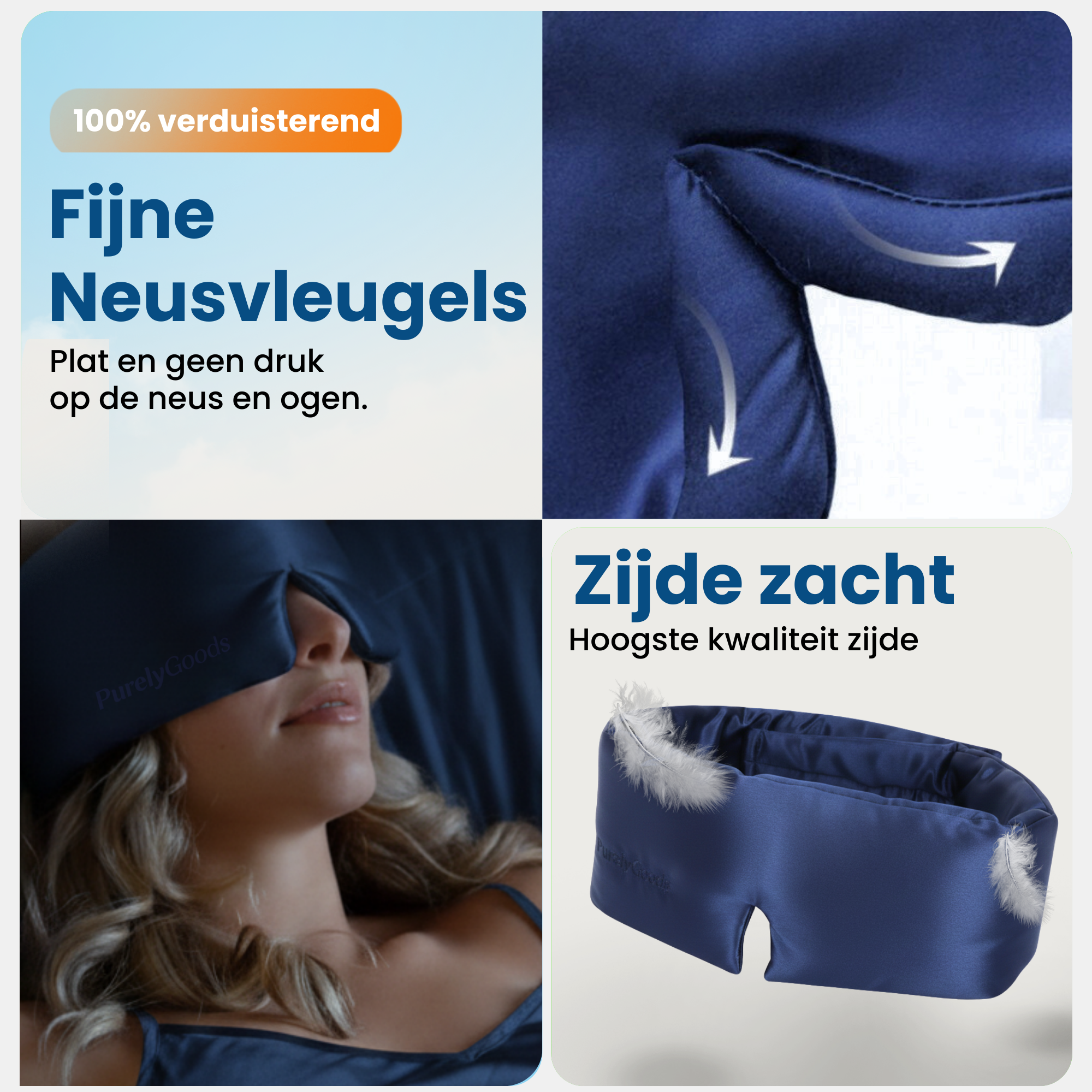 Zijden slaapmasker van PurelyGoods met fijne neusvleugels voor volledige verduistering en comfortabel draaggevoel zonder druk op neus en ogen.