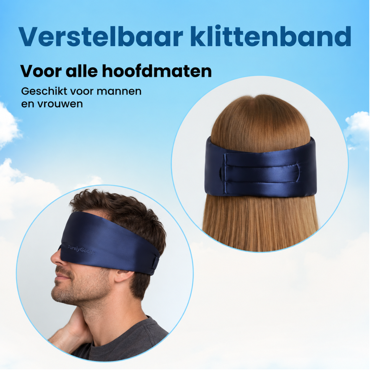 Marineblauw zijden slaapmasker gedragen door man en vrouw, verstelbaar klittenband voor alle hoofdmaten