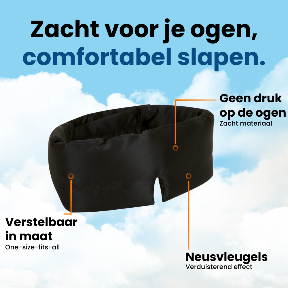 Zwart PurelyGoods zijden slaapmasker van 22 momme 6A zijde, met zachte pasvorm, verstelbare maat en ontwerp zonder druk op de ogen.