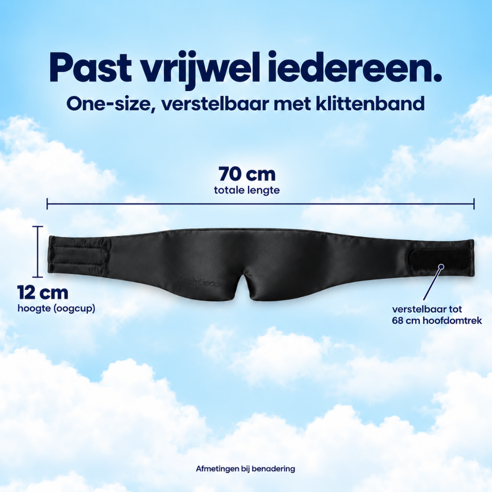 Afmetingen zwart zijden slaapmasker: 70 cm lengte, 12 cm oogcup, verstelbaar tot 68 cm hoofdomtrek