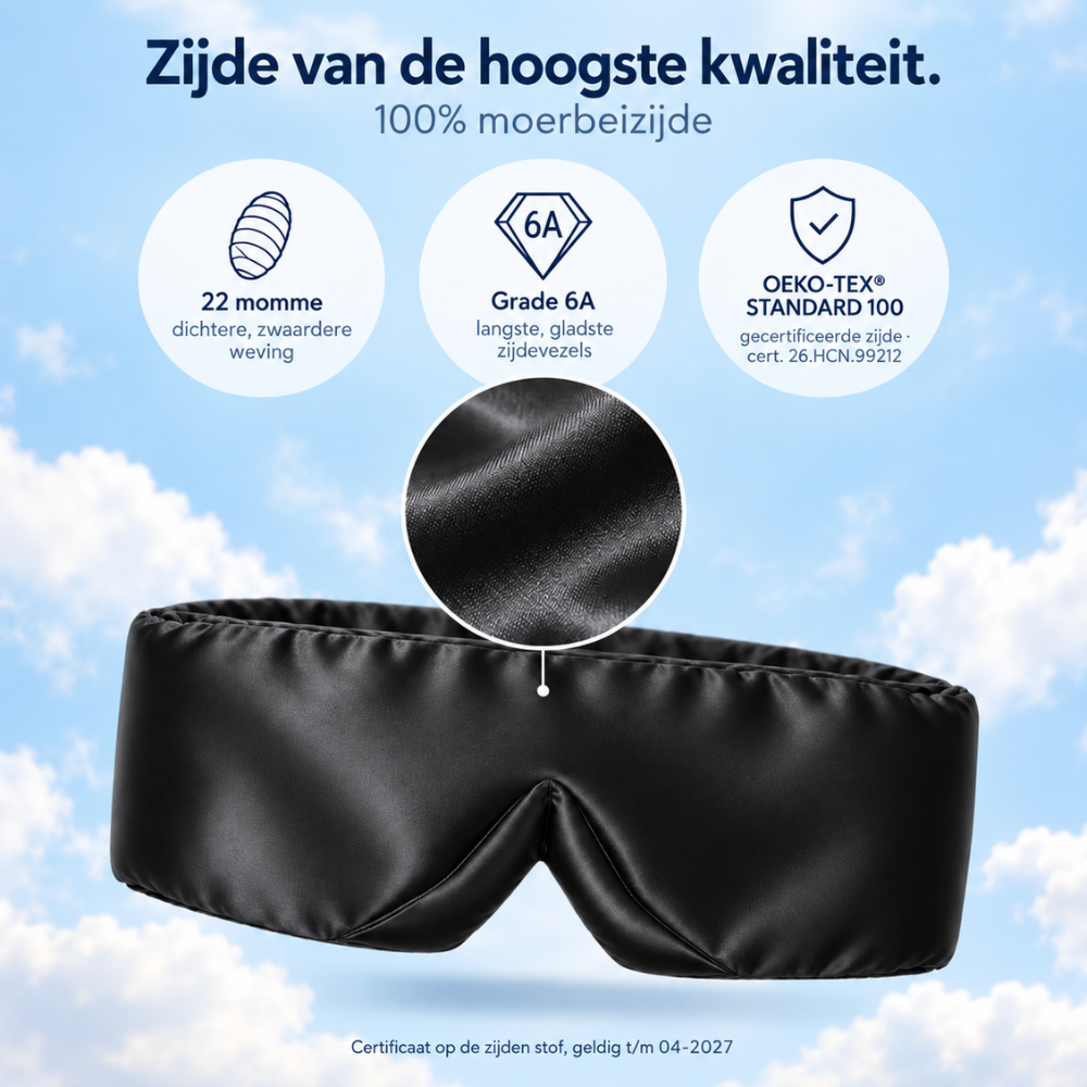 Zwart zijden slaapmasker van 100% moerbeizijde, 22 momme, Grade 6A en OEKO-TEX gecertificeerd