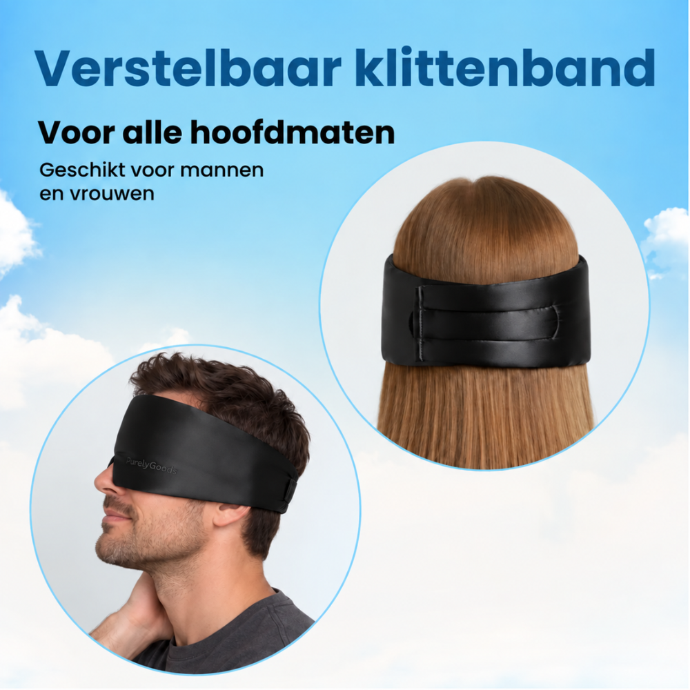 Zwart zijden slaapmasker gedragen door man en vrouw, verstelbaar klittenband voor alle hoofdmaten