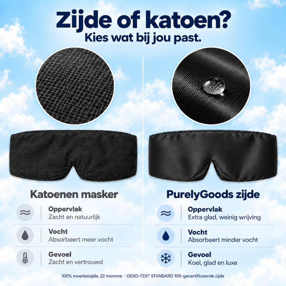 Vergelijking zijde en katoen: zwart PurelyGoods zijden slaapmasker is extra glad, koel en absorbeert minder vocht