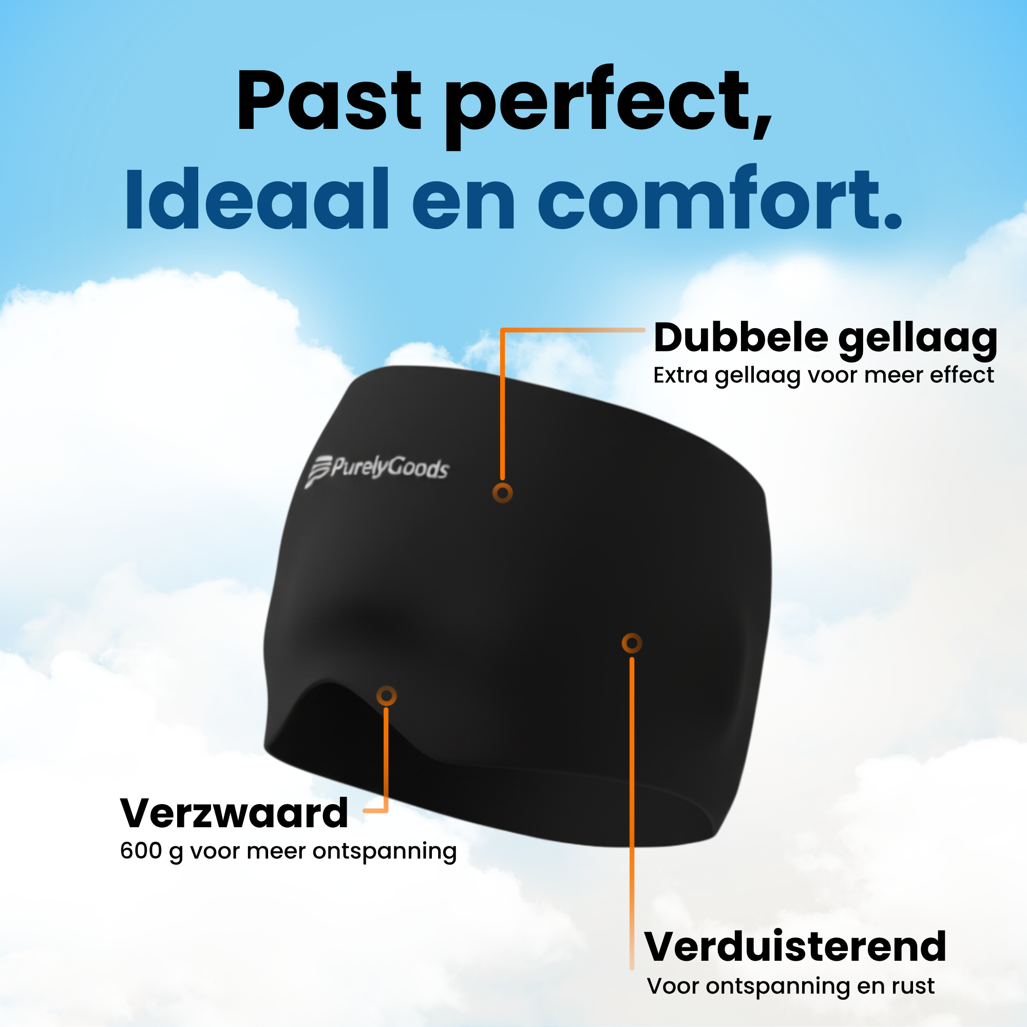 Productafbeelding van het PurelyGoods migraine masker dat perfect past. De kenmerken zijn: verzwaard (600g), dubbele gellaag voor extra effect en volledig verduisterend voor optimale rust en ontspanning.