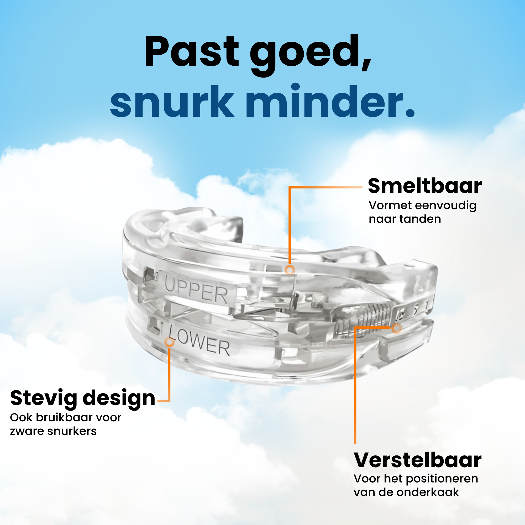Afbeelding van de PurelyGoods Snurkbeugel Max die de belangrijke kenmerken benadrukt: smeltbaar voor een perfecte pasvorm, stevig design voor zware snurkers en verstelbaar voor de positionering van de onderkaak.