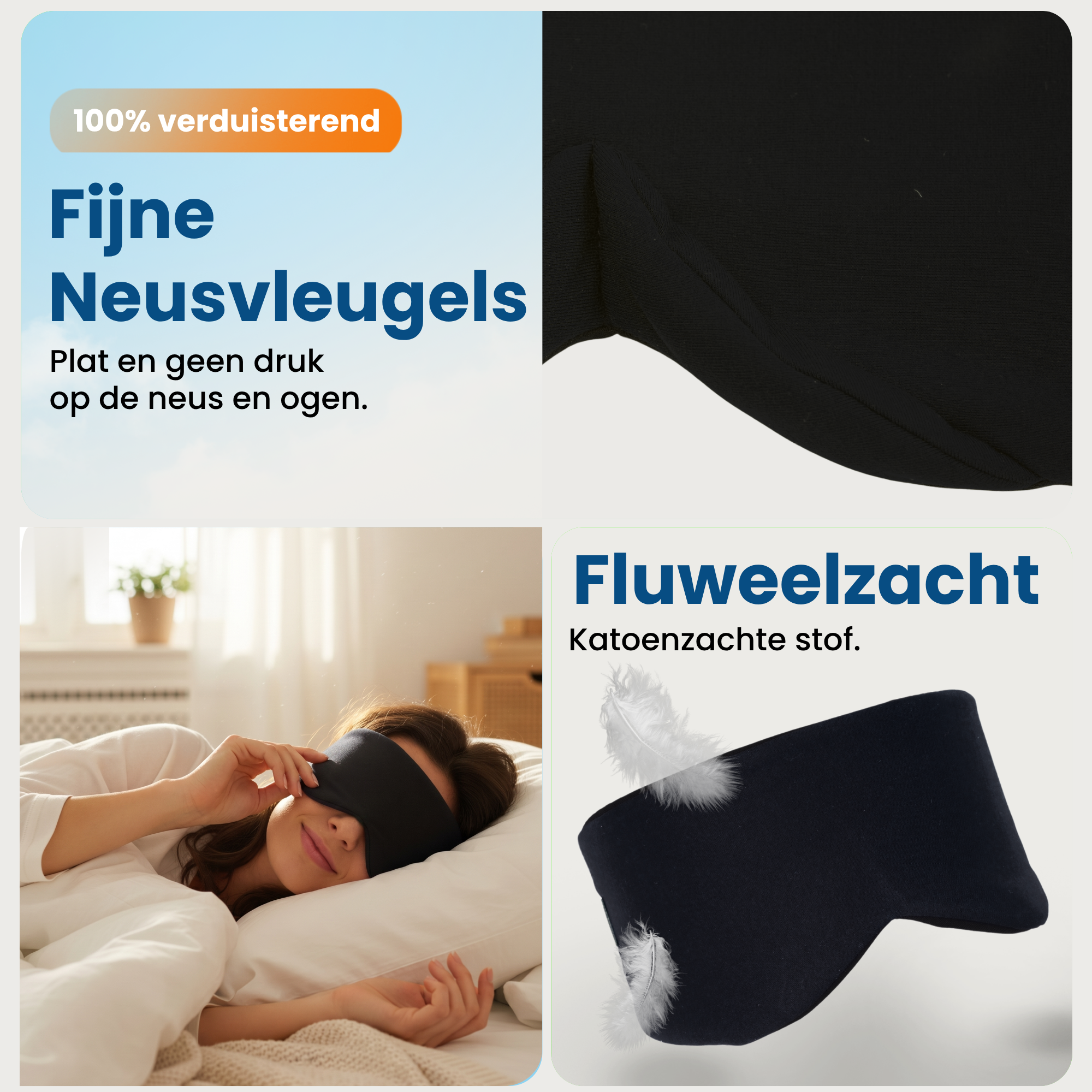 Slaapmasker met platte neusvleugels en zacht materiaal zonder druk op ogen en neus