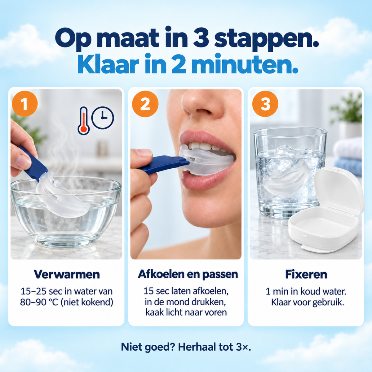 Snurkbeugel Comfort op maat maken in drie stappen: verwarmen, laten afkoelen en passen, daarna fixeren in koud water.