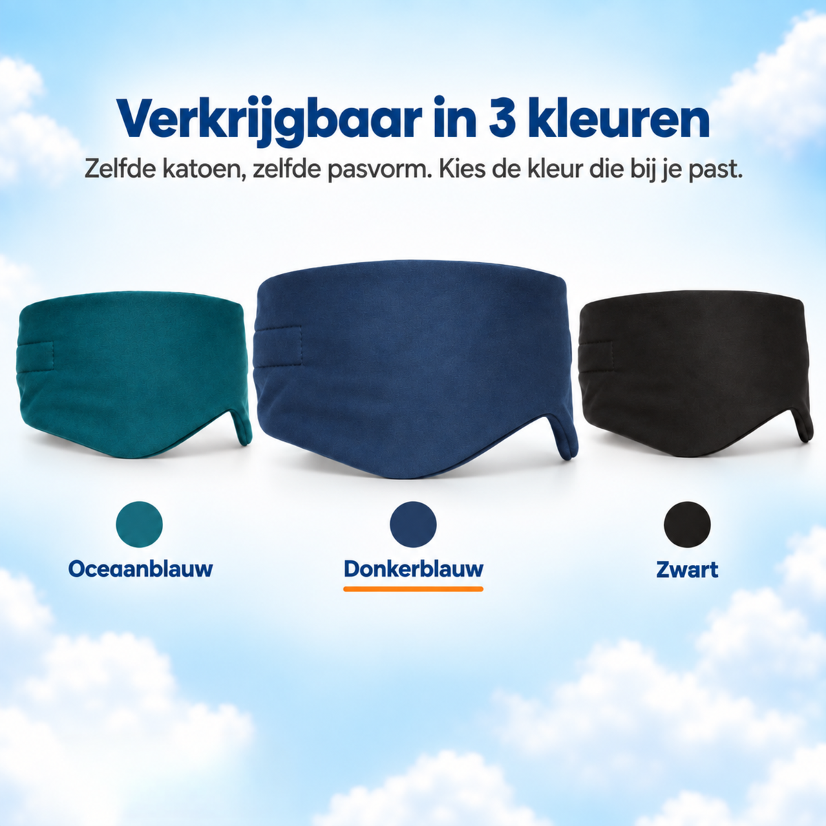 PurelyGoods slaapmasker verkrijgbaar in oceaanblauw, donkerblauw en zwart, met de donkerblauwe variant uitgelicht.