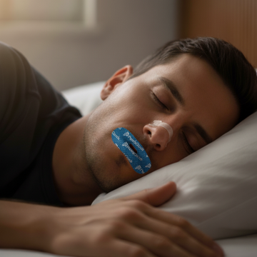 Man slaapt met PurelyGoods mondtape en neusstrips