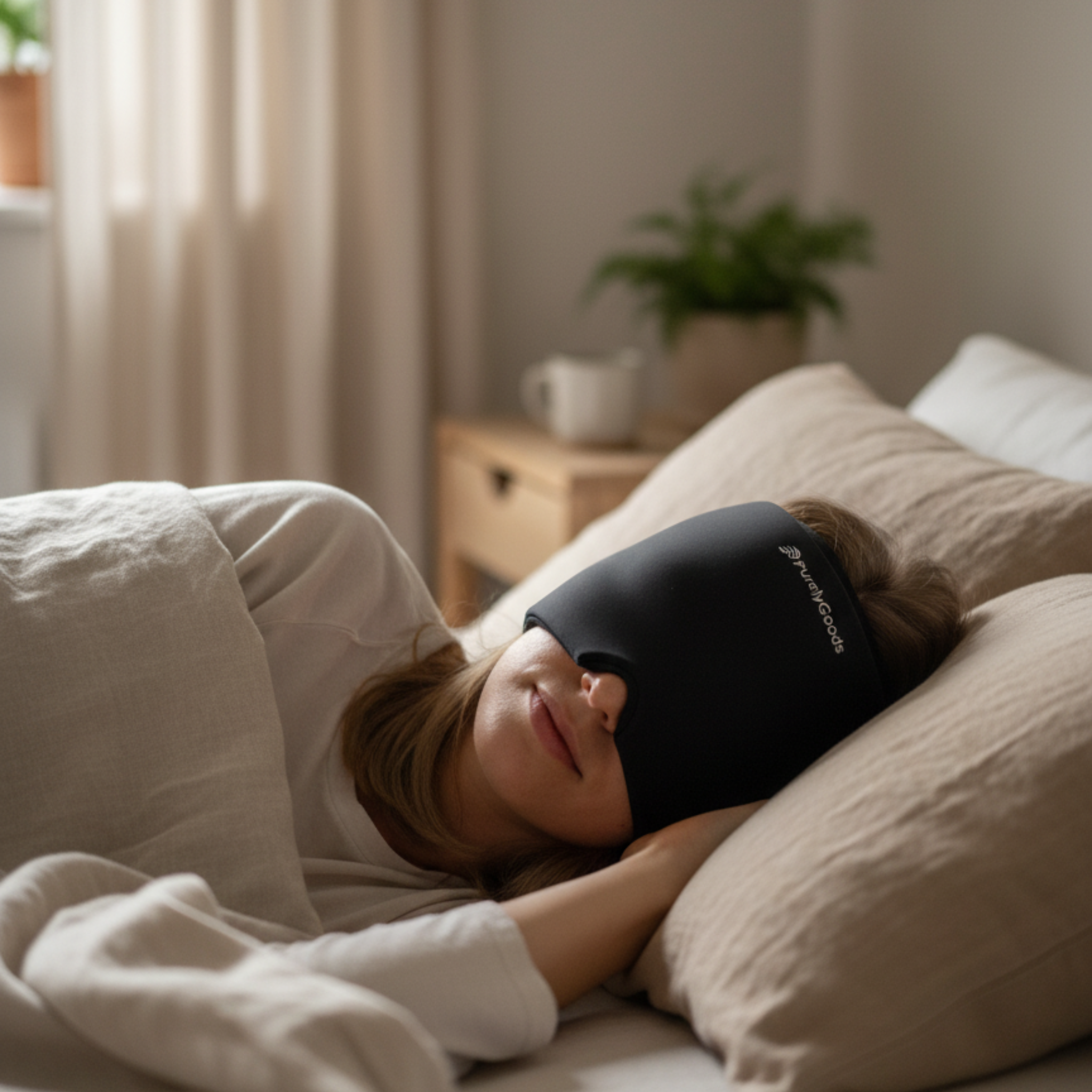 Vrouw ligt op bed met een migraine masker tegen migraine