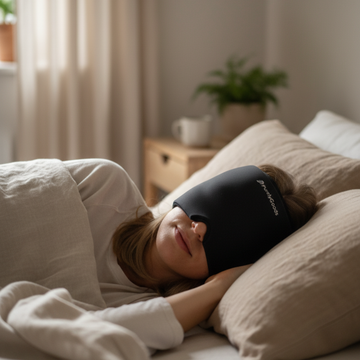 Vrouw ligt op bed met een migraine masker tegen migraine