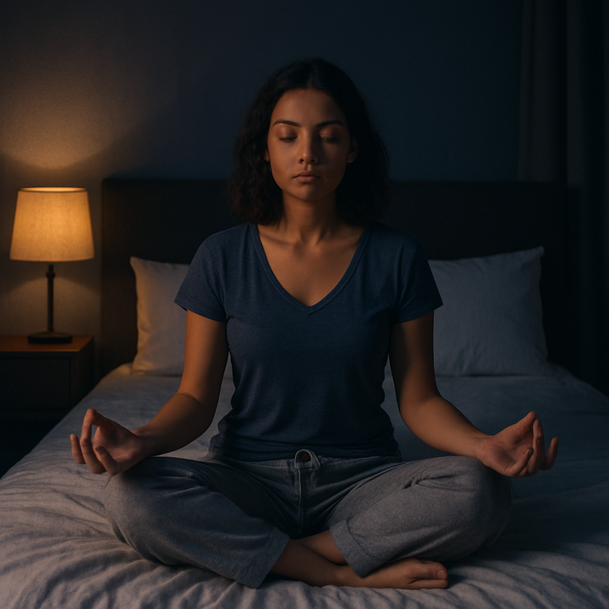 Vrouw is aan het mediteren voor het slapengaan