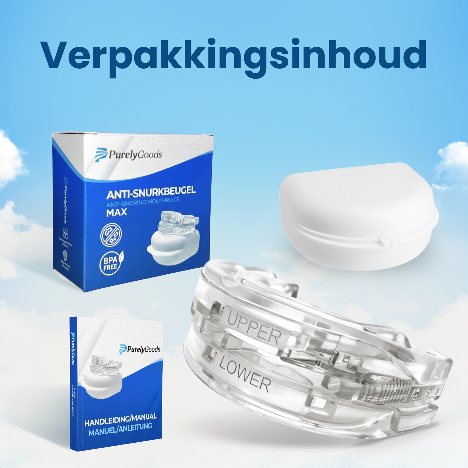 Afbeelding van de complete verpakkingsinhoud van de PurelyGoods anti snurkbeugel, inclusief de beugel zelf, de opbergdoos en de handleiding/gebruiksaanwijzing.