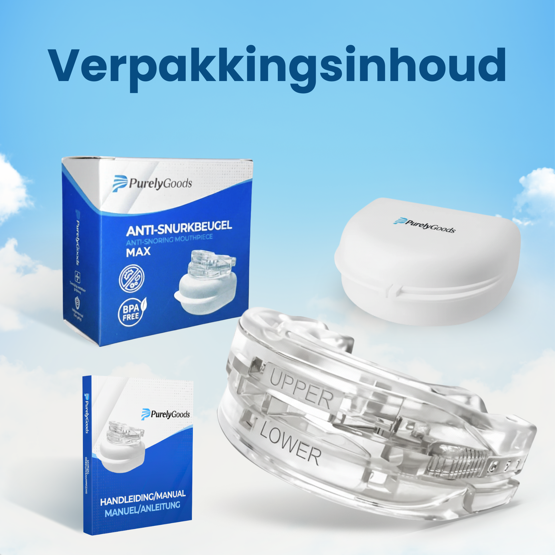 Afbeelding van de complete verpakkingsinhoud van de PurelyGoods anti snurkbeugel, inclusief de beugel zelf, de opbergdoos en de handleiding/gebruiksaanwijzing.