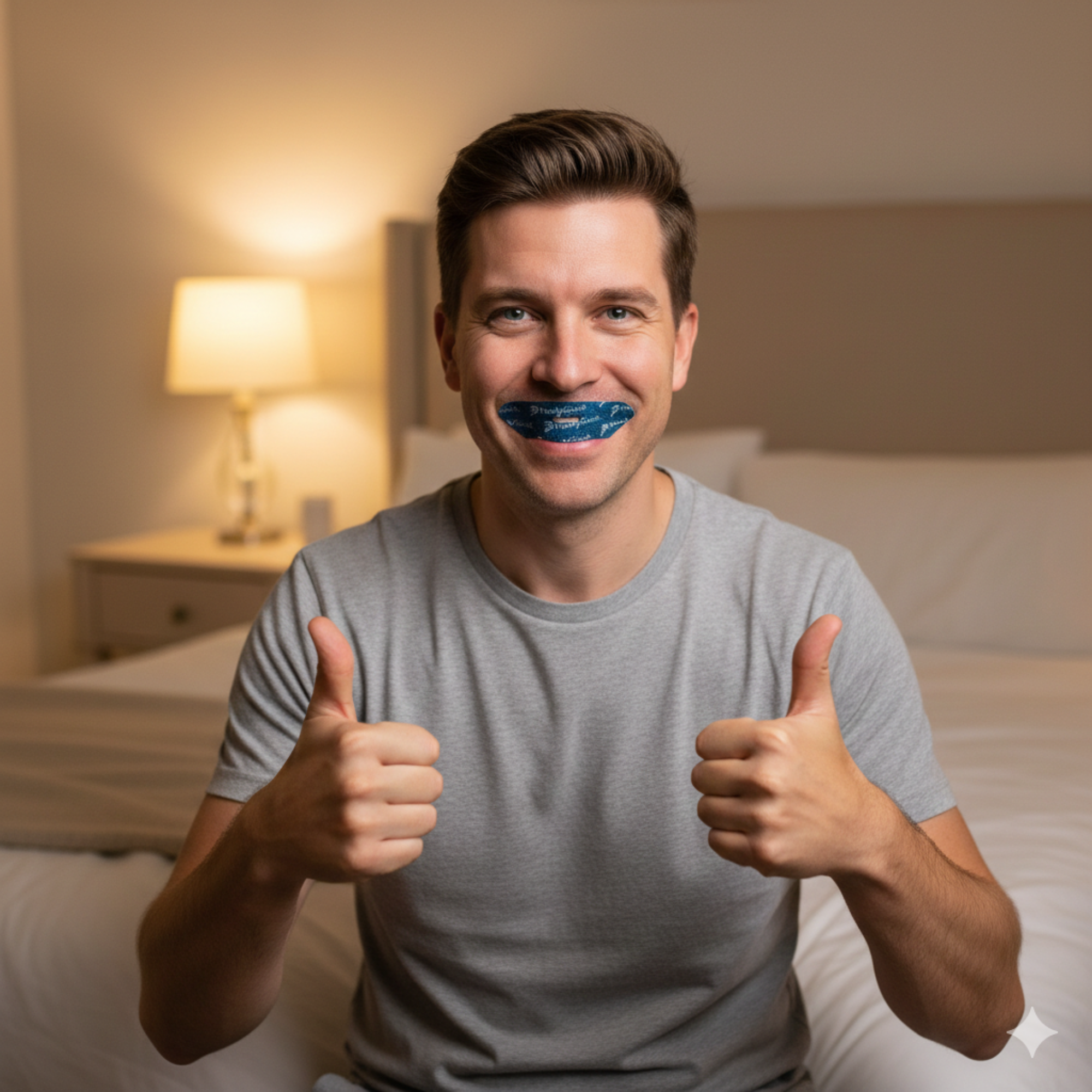 Man duimpt en is blij met mondtape van PurelyGoods