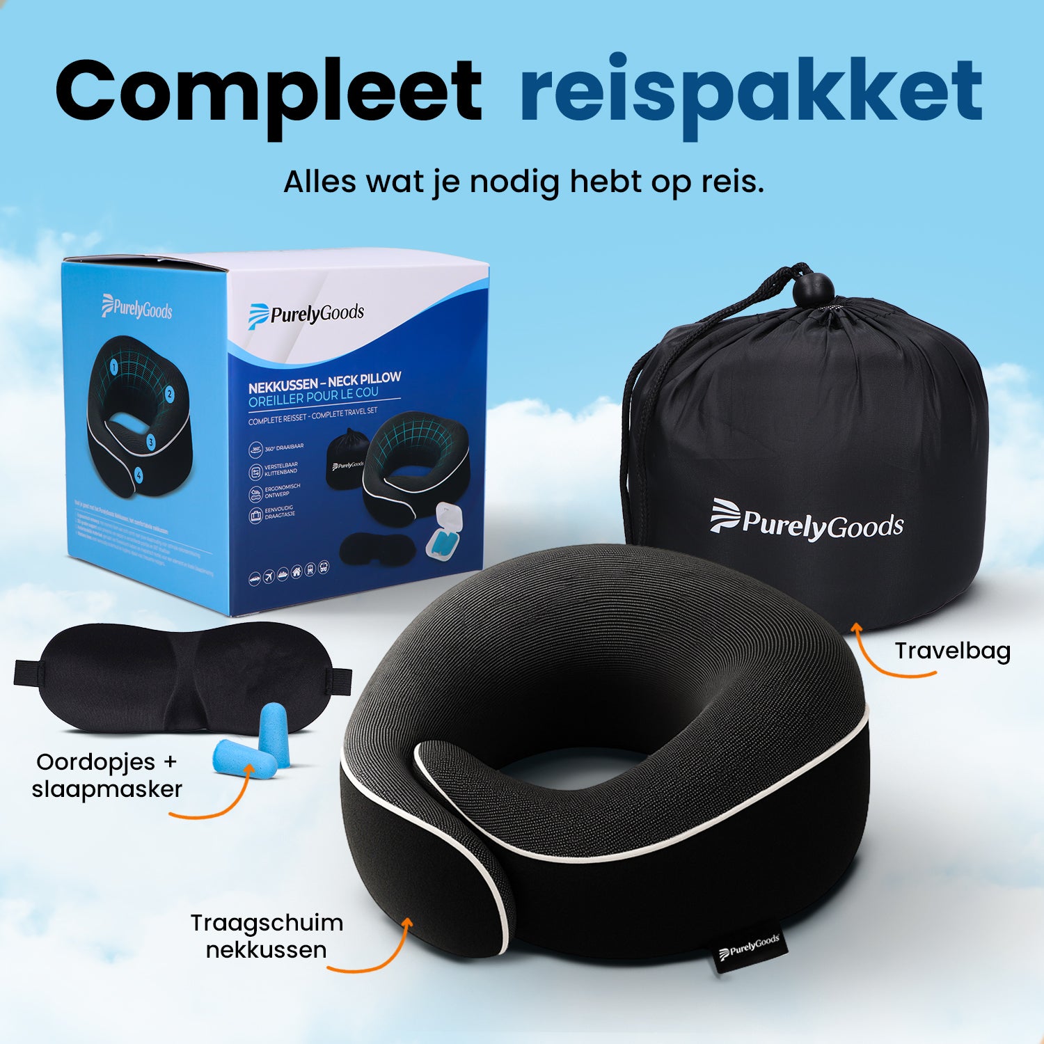 PurelyGoods nekkussen set met reiskussen vliegtuig slaapmasker oordopjes en draagtas