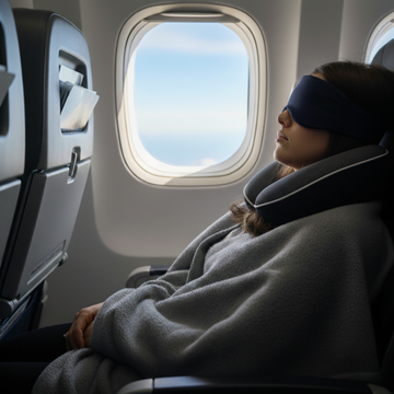 PurelyGoods Collectie Reisaccessoires: Een jonge vrouw slaapt vredig in een vliegtuigstoel, met een donkerblauw slaapmasker over haar ogen en een grijs-zwart nekkussen van PurelyGoods om haar nek. Ze is gewikkeld in een zachte, grijze deken. Door het raam van het vliegtuig is een helderblauwe lucht met wolken te zien.